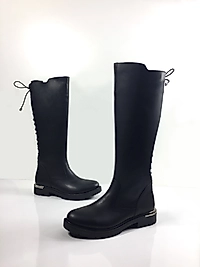 Hakiki Deri Lastik Bağcık Detaylı Fermuarlı Çizme -  Siyah