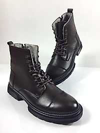 Hakiki Deri İçi Kürklü Fermuarlı ve Bağcıklı Erkek Postal Bot - Kahve