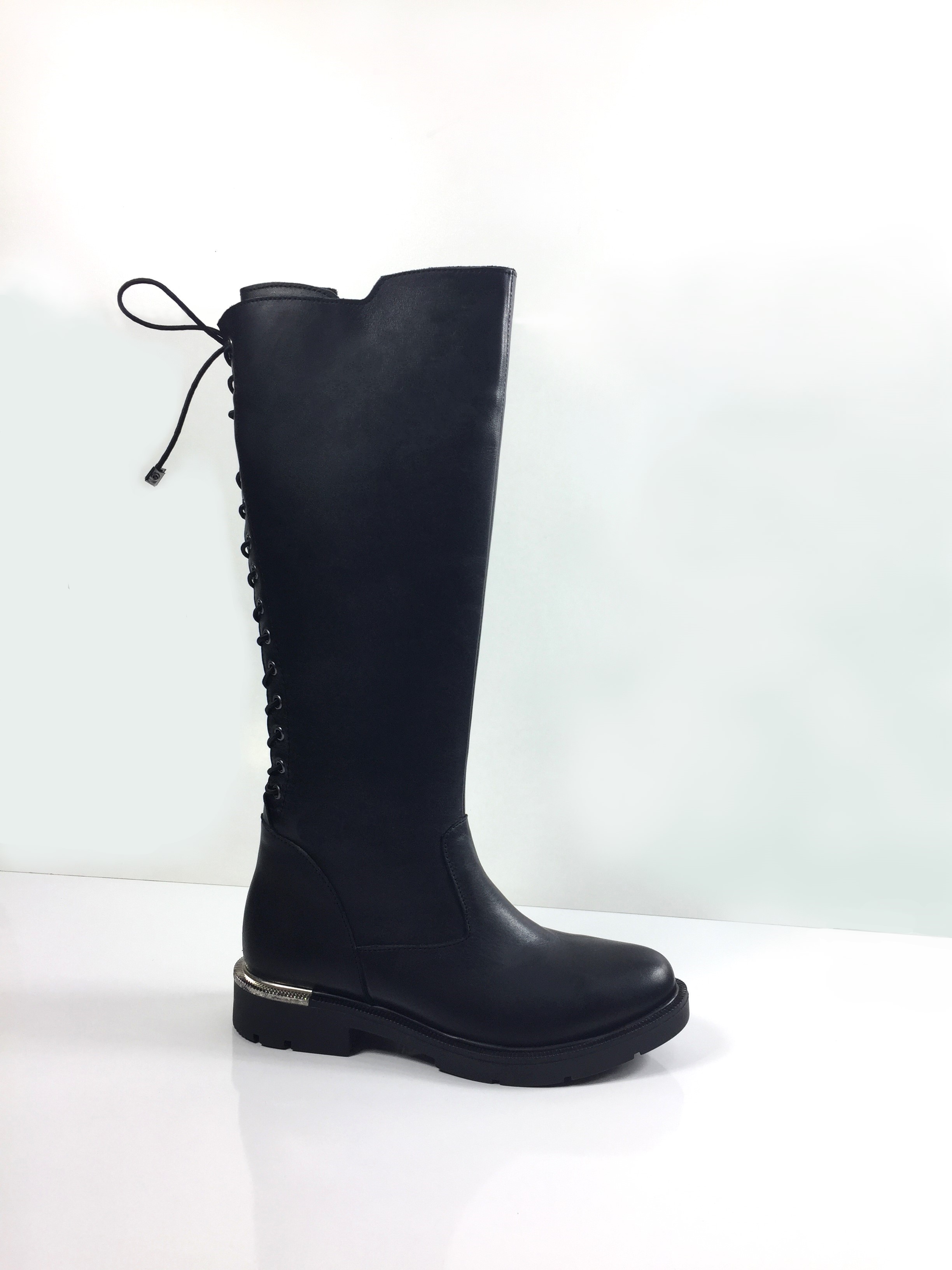 Hakiki Deri Lastik Bağcık Detaylı Fermuarlı Çizme -  Siyah